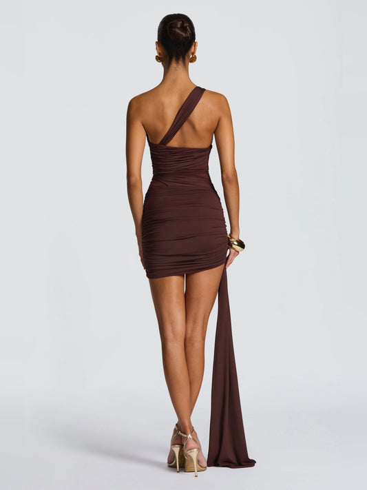 Brown mini homecoming dress, alternate view showing the bodice and skirt