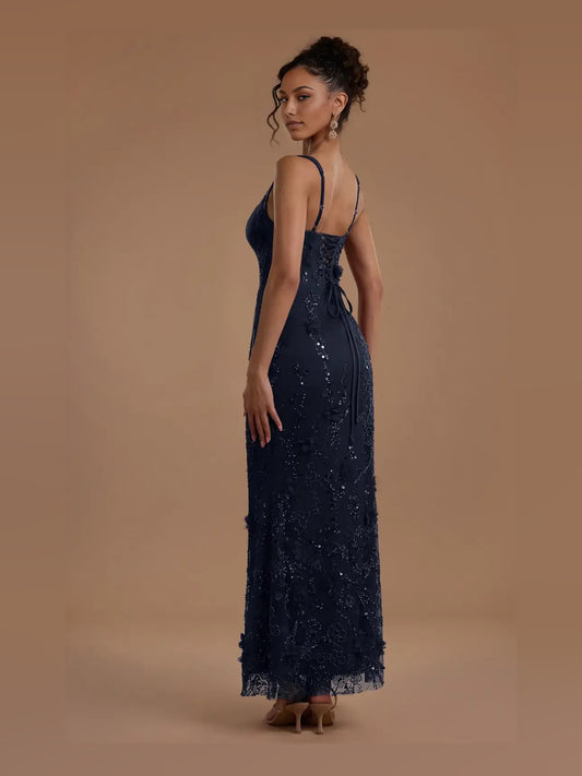 Navy Blue floor-length prom dress, alternate view showing the bodice and skirt