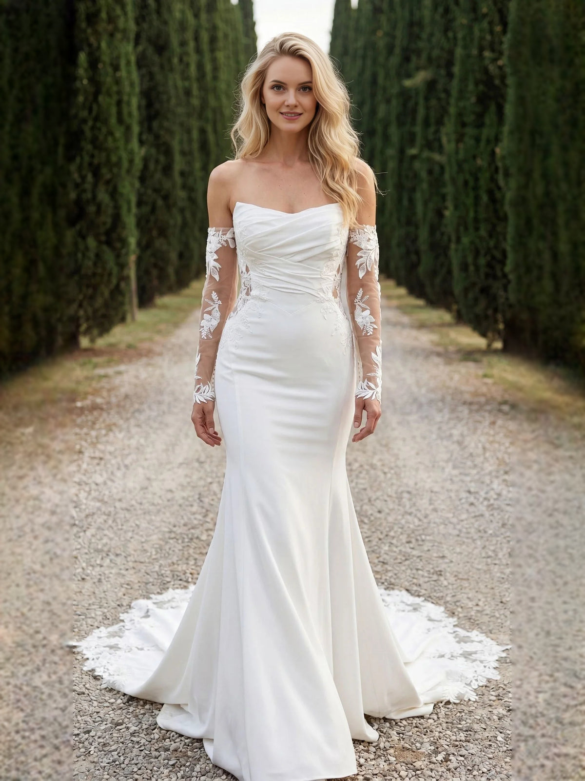 Ivory floor-length wedding dress, alternate view showing the bodice and skirt
