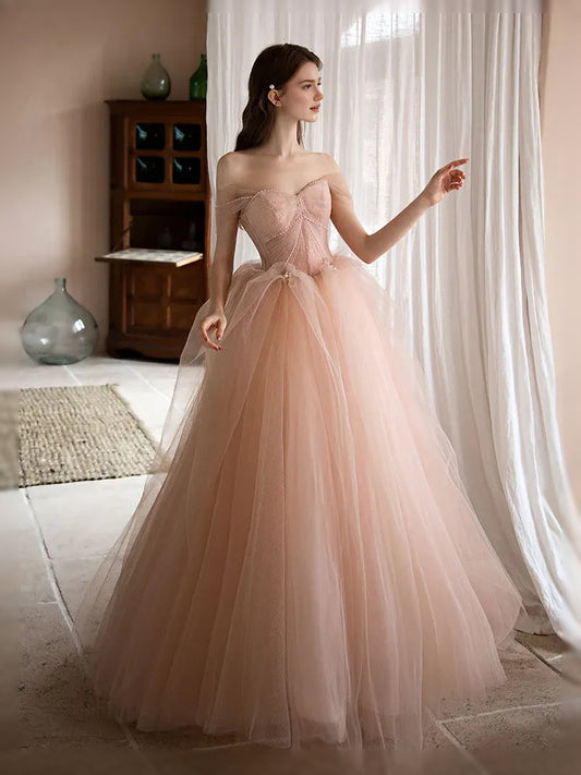 Pearl Pink maxi prom dress, alternate view showing the bodice and skirt