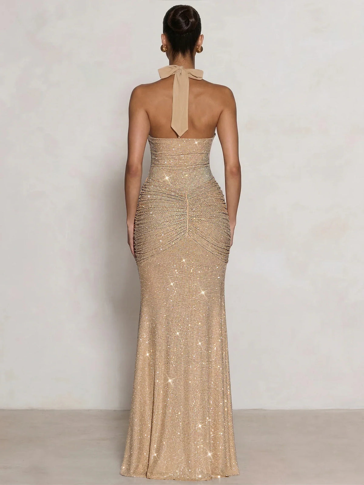 Gold midi formal dress with ruching, alternate view
