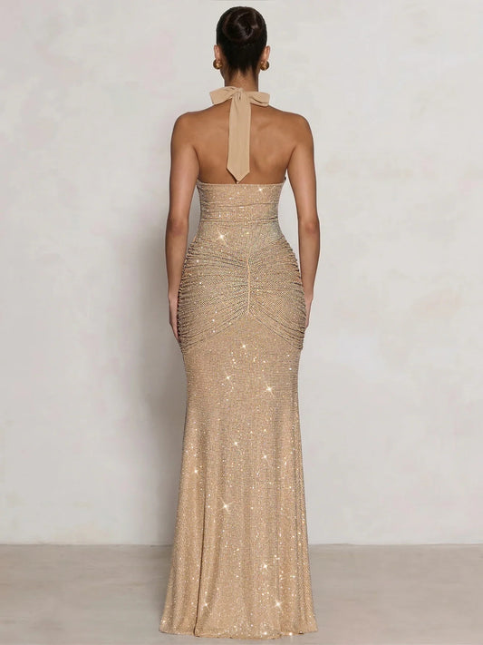 Gold midi formal dress with ruching, alternate view
