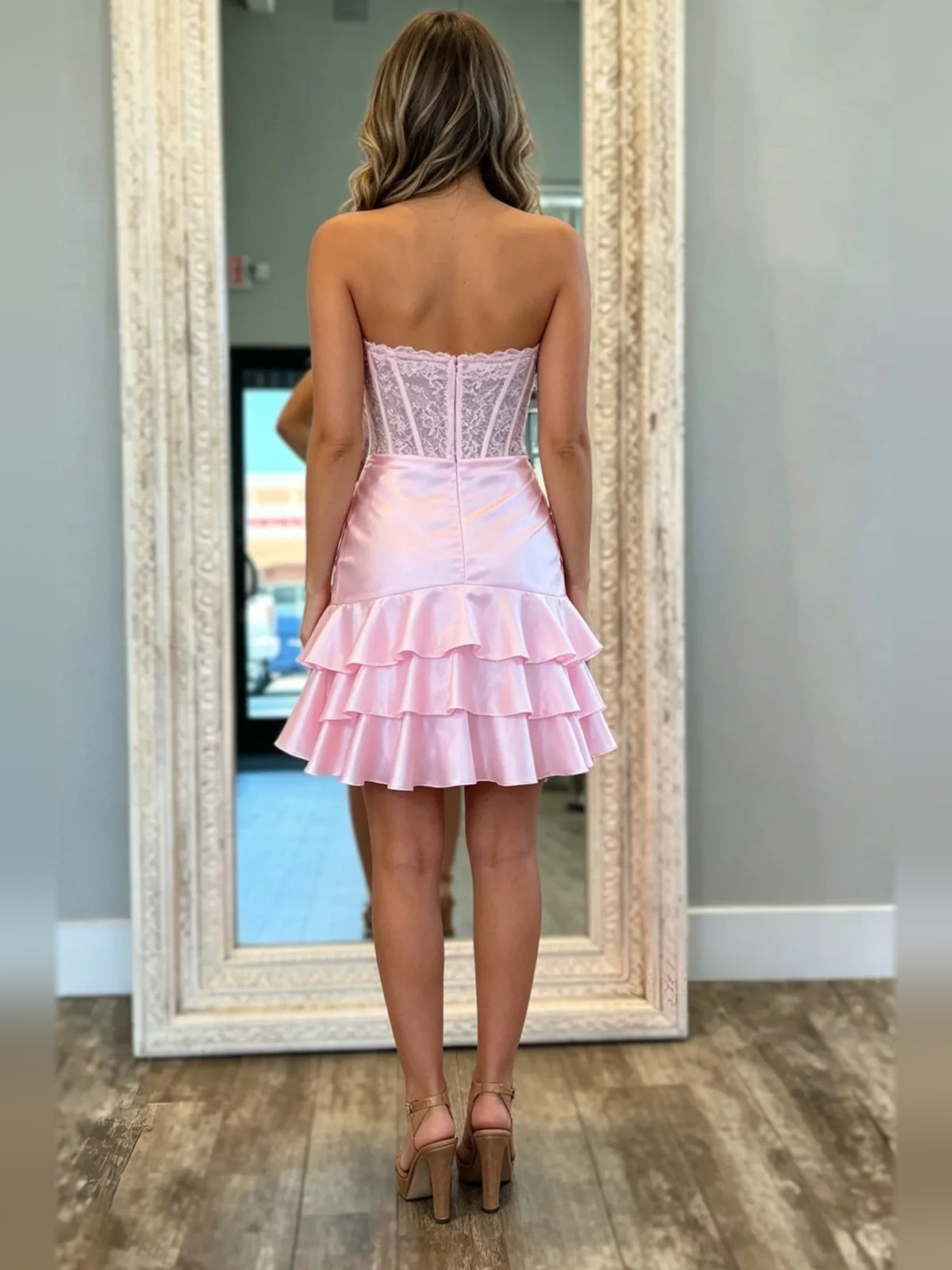 Pink mini homecoming dress, back view showing the rear of the dress