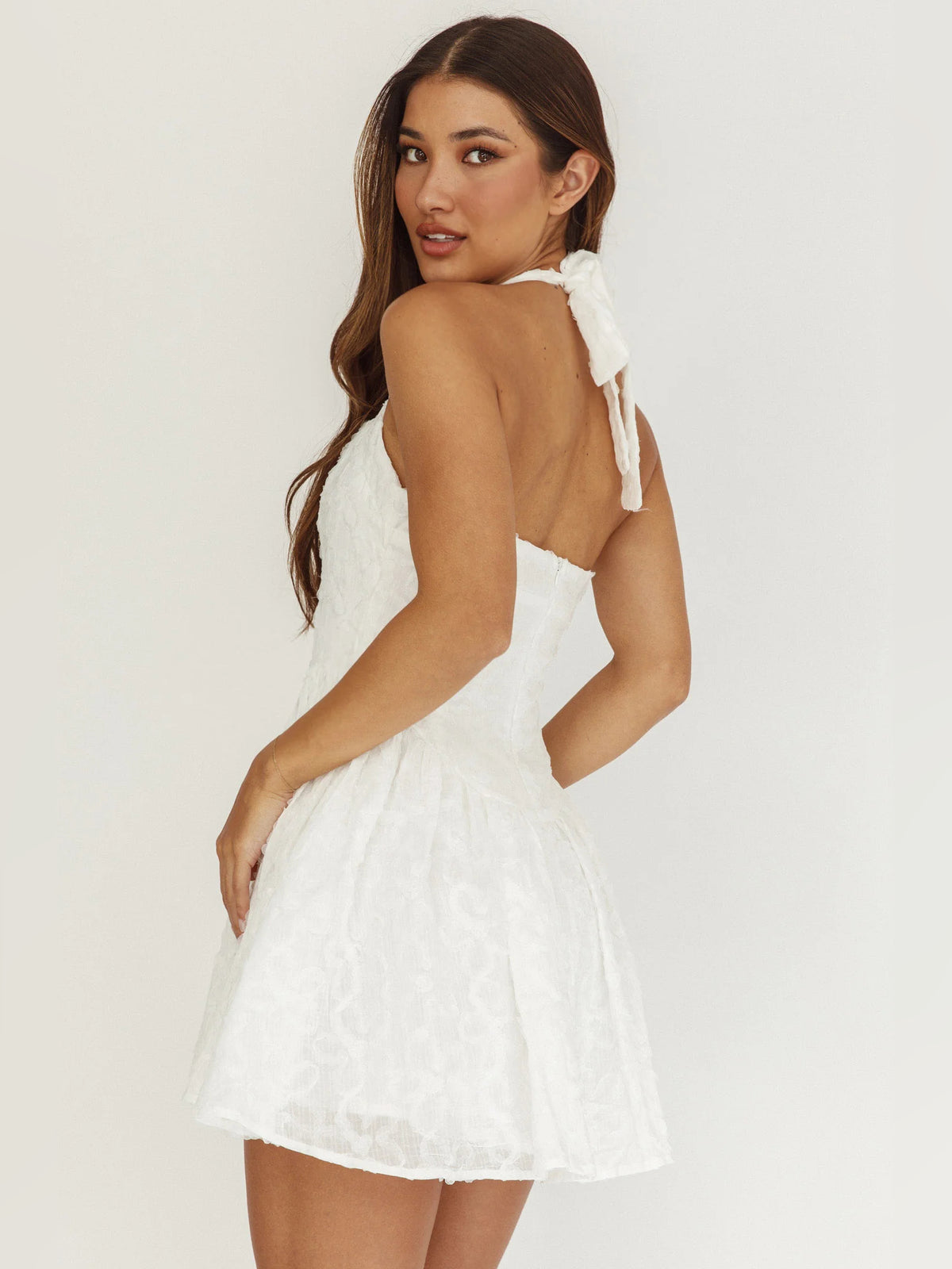 White mini homecoming dress, alternate view showing the bodice and skirt