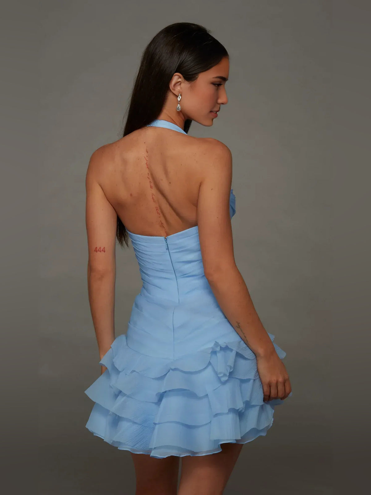 Light Blue short homecoming dress, back view showing the rear of the dress