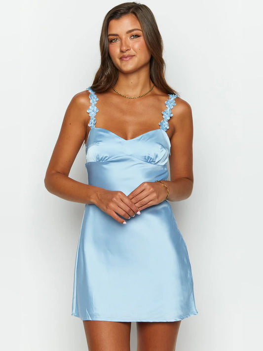 Blue mini homecoming dress, alternate view showing the bodice and skirt