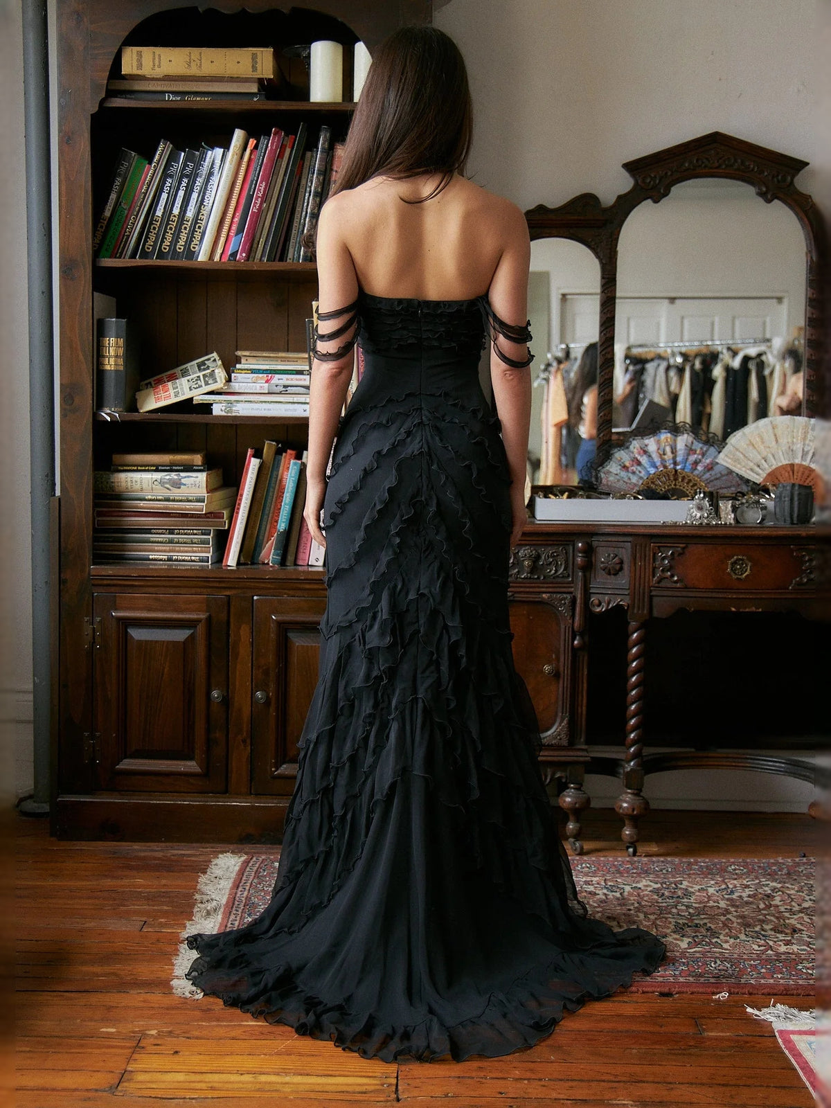 Black floor-length prom dress, alternate view showing the bodice and skirt