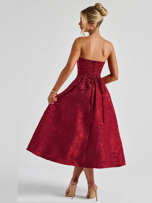 Red midi formal dress with corset-style bodice, alternate view