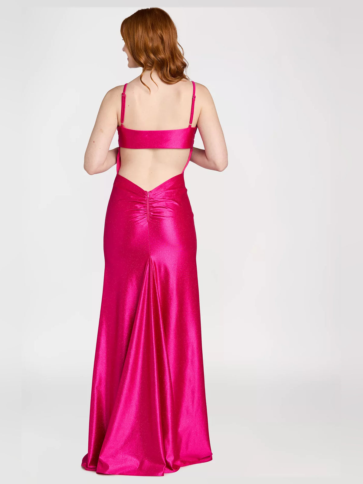 Fuchsia maxi prom dress, alternate view showing the bodice and skirt