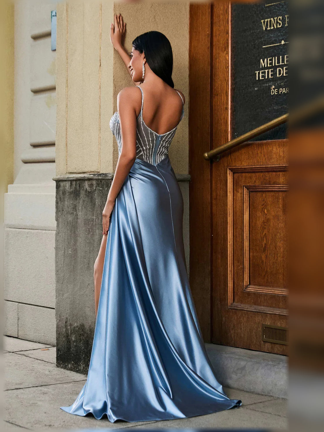 Light Blue mermaid floor-length formal dress with beading, alternate view