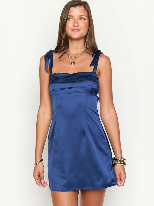 Navy mini homecoming dress, alternate view showing the bodice and skirt