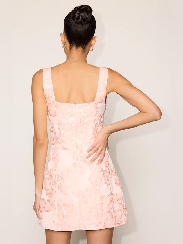 Light Pink Floral mini homecoming dress, alternate view showing the bodice and skirt