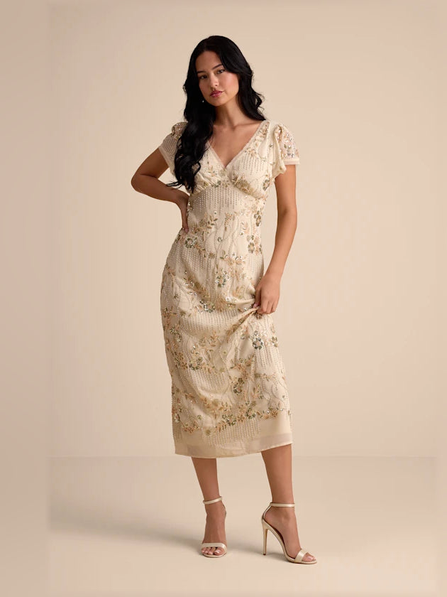 Beige midi formal dress with sequins, alternate view
