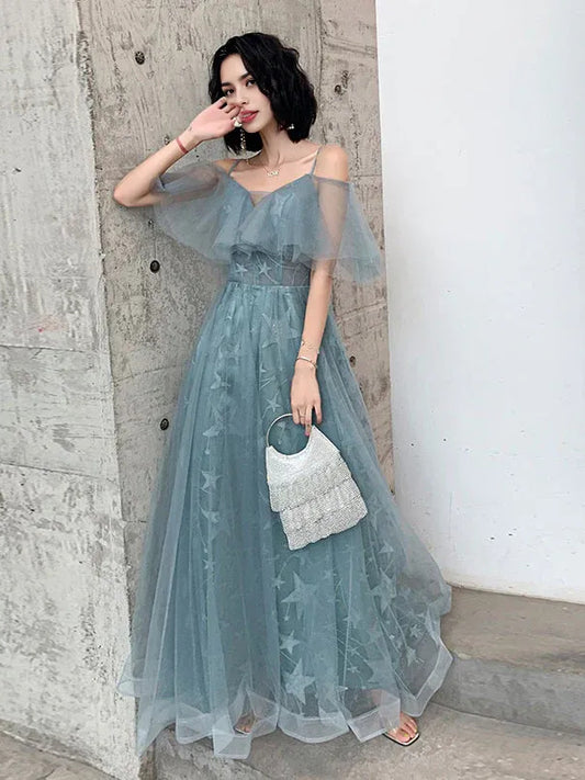 Dusty Blue maxi prom dress, alternate view showing the bodice and skirt