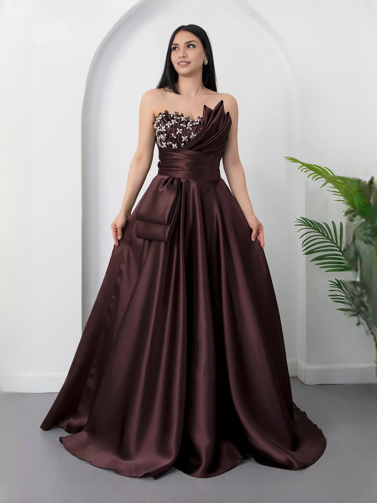 Espresso floor-length prom dress, alternate view showing the bodice and skirt