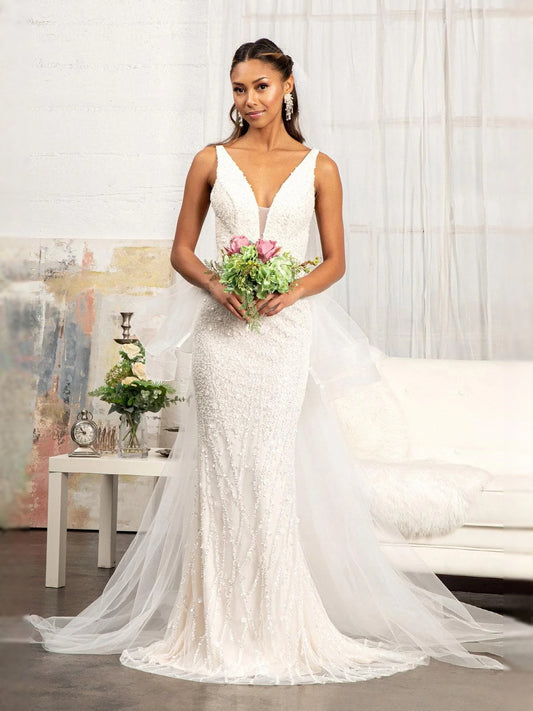Ivory floor-length wedding dress, alternate view showing the bodice and skirt