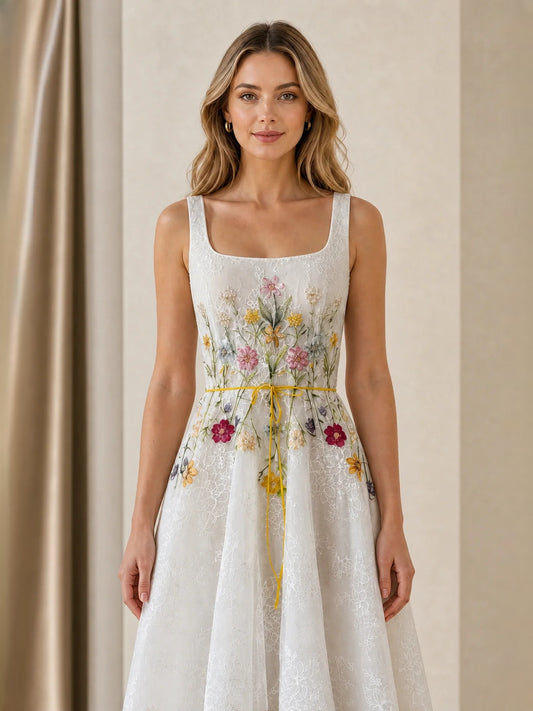 Ivory midi bridesmaid dress, alternate view showing the bodice and skirt