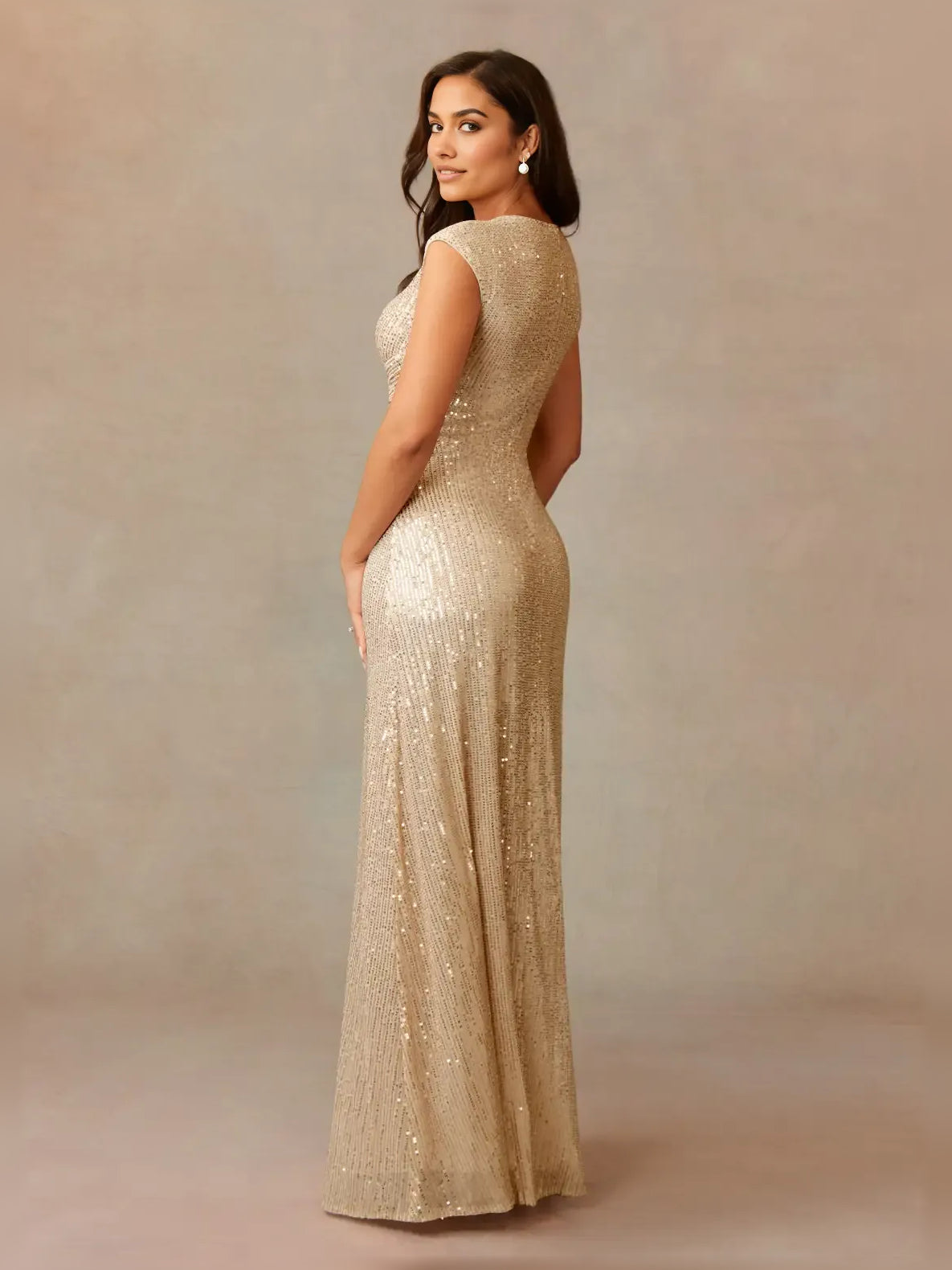 Champagne column floor-length formal dress with sequins, alternate view