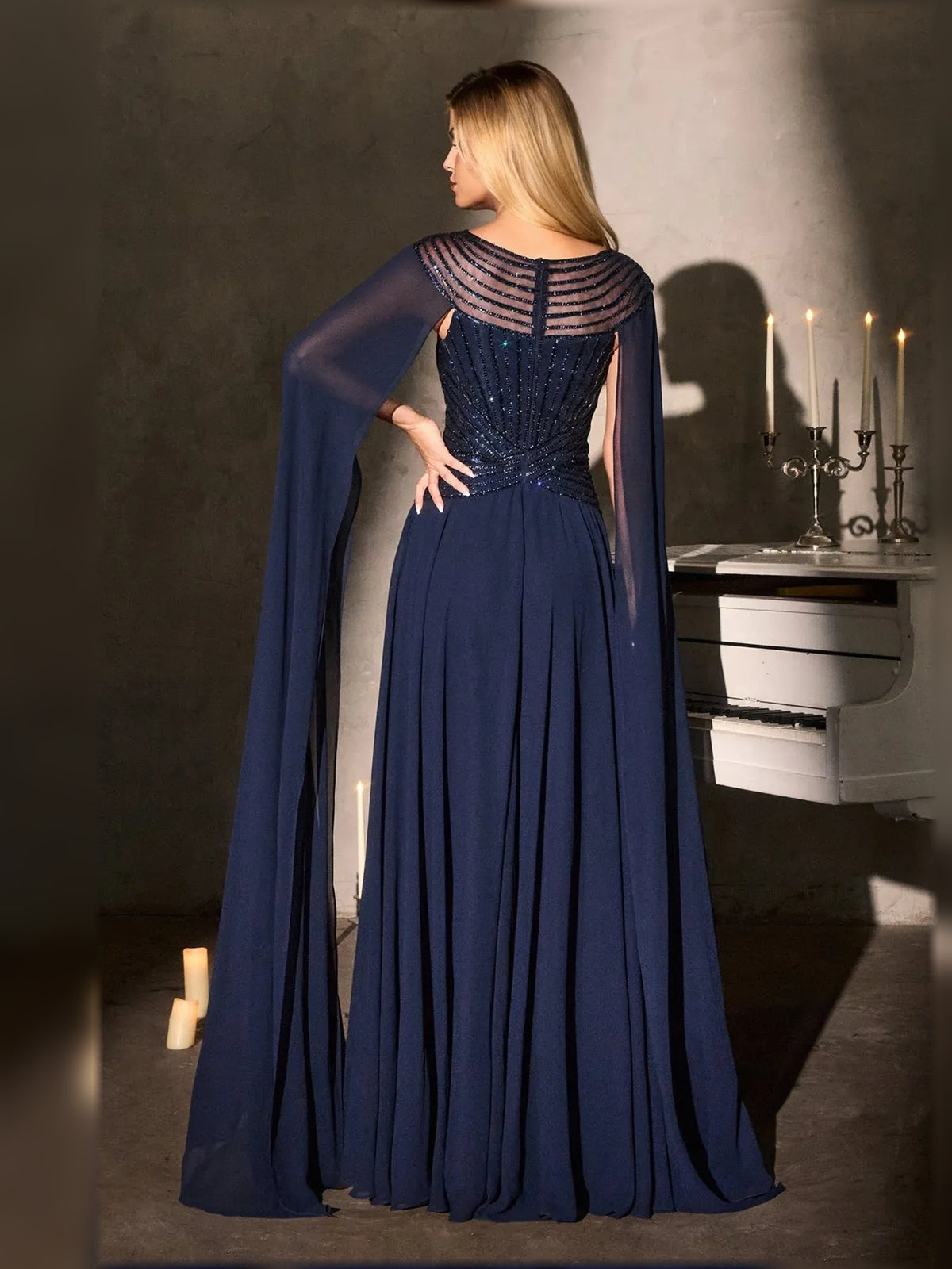 Navy Blue floor-length mother of the bride dress, alternate view showing the bodice and skirt