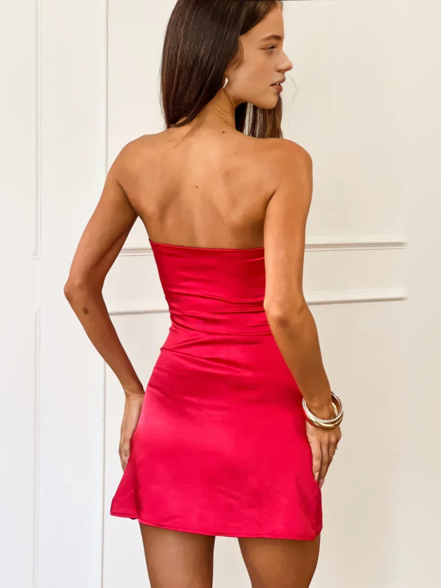 Red mini homecoming dress, back view showing the rear of the dress