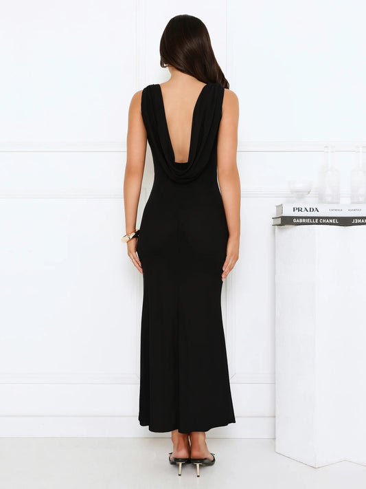 Black sheath maxi formal dress with open back, full-length back view