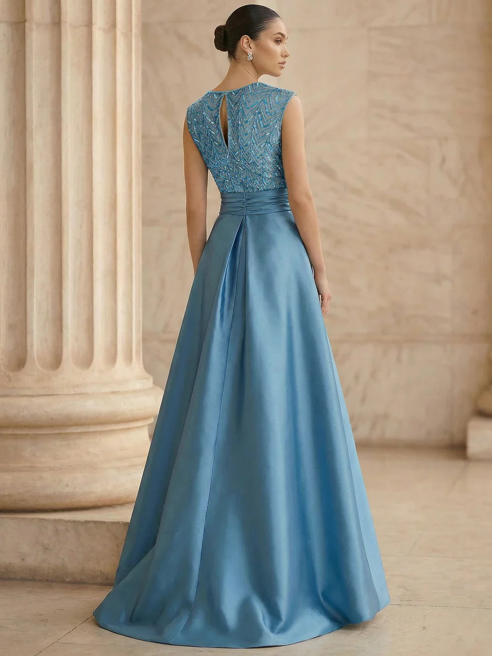 Dusty Blue a-line floor-length formal dress with sequins, alternate view