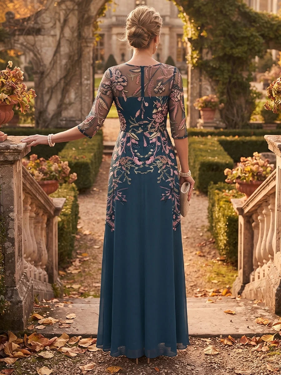 Navy Blue floor-length mother of the bride dress, alternate view showing the bodice and skirt