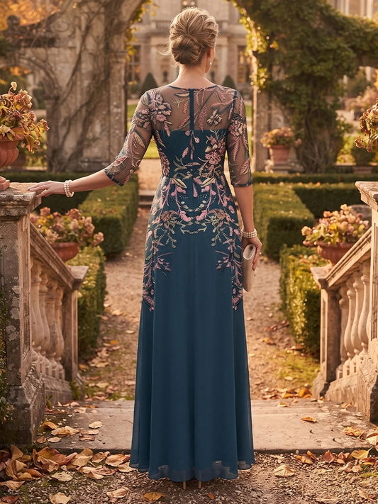 Navy Blue floor-length mother of the bride dress, alternate view showing the bodice and skirt