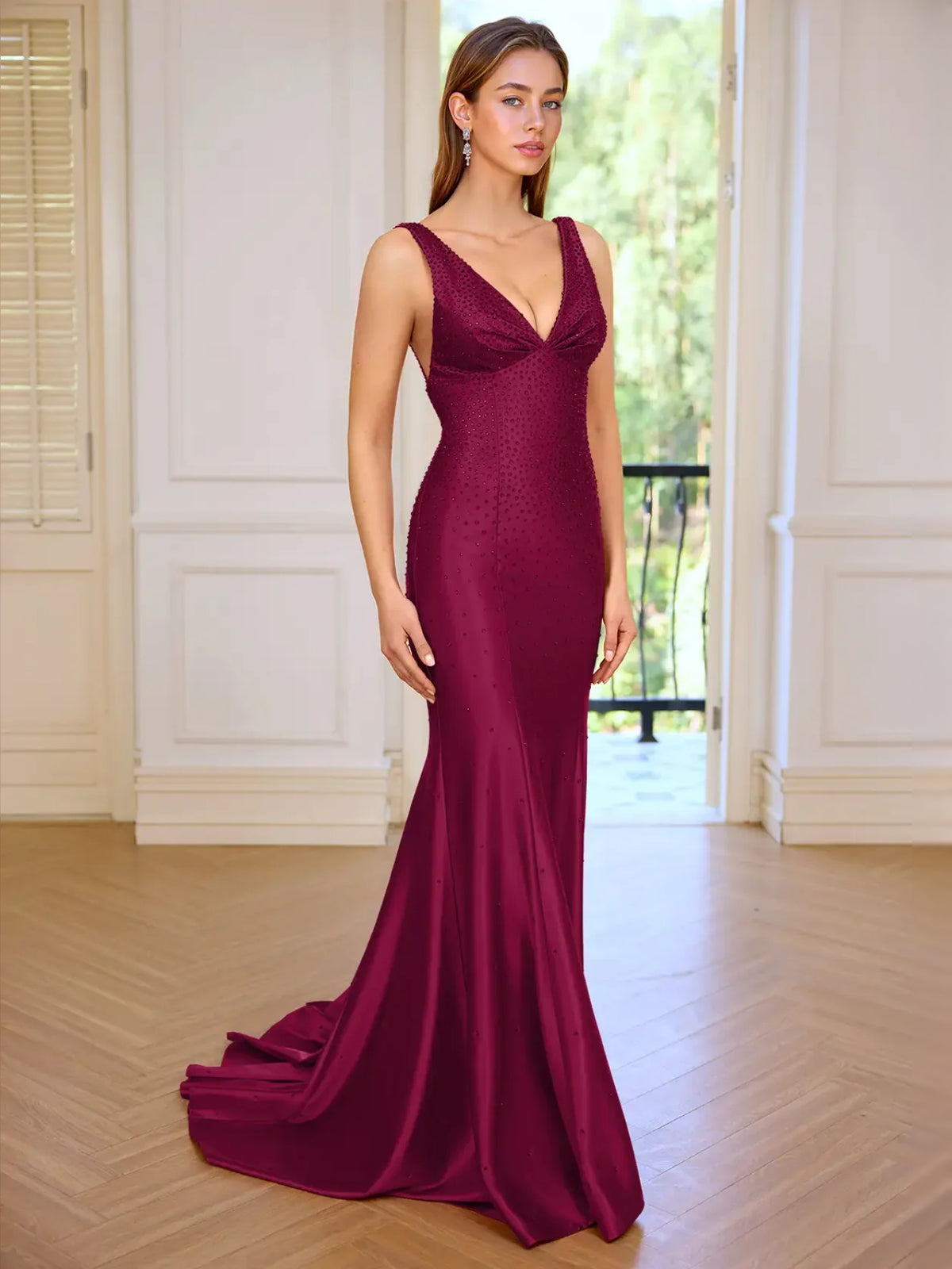 Burgundy floor-length prom dress, alternate view showing the bodice and skirt
