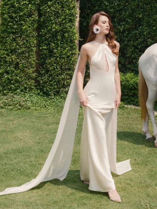 Ivory floor-length wedding dress, alternate view showing the bodice and skirt