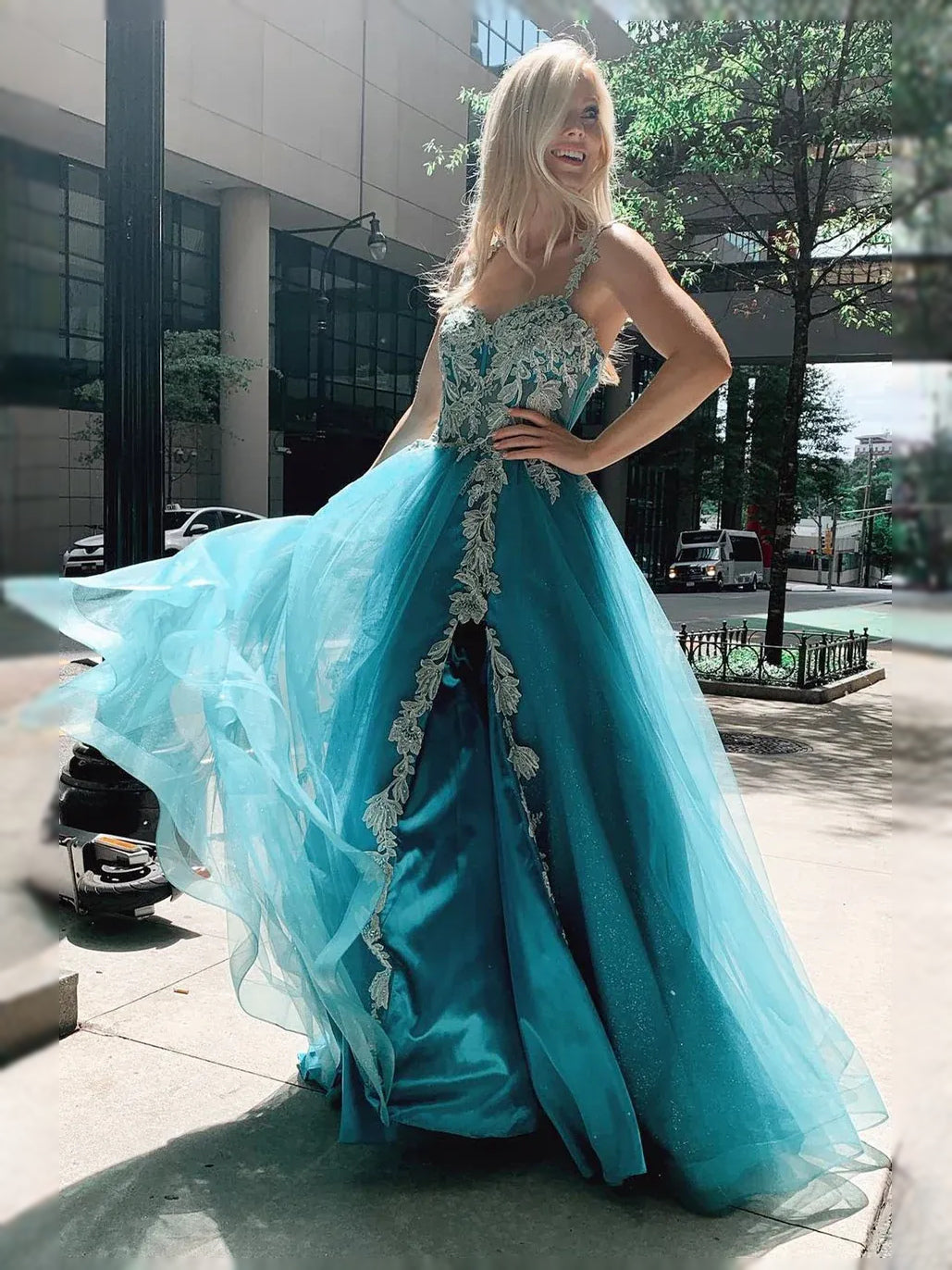 Teal maxi prom dress, back view showing the rear of the dress