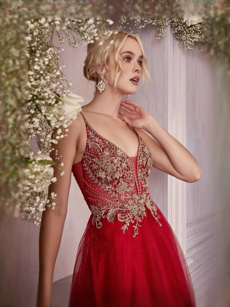 Deep Red floor-length prom dress, alternate view showing the bodice and skirt