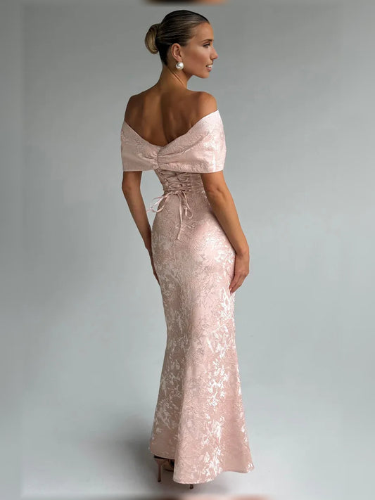 Peach mermaid floor-length formal dress with draping, alternate view