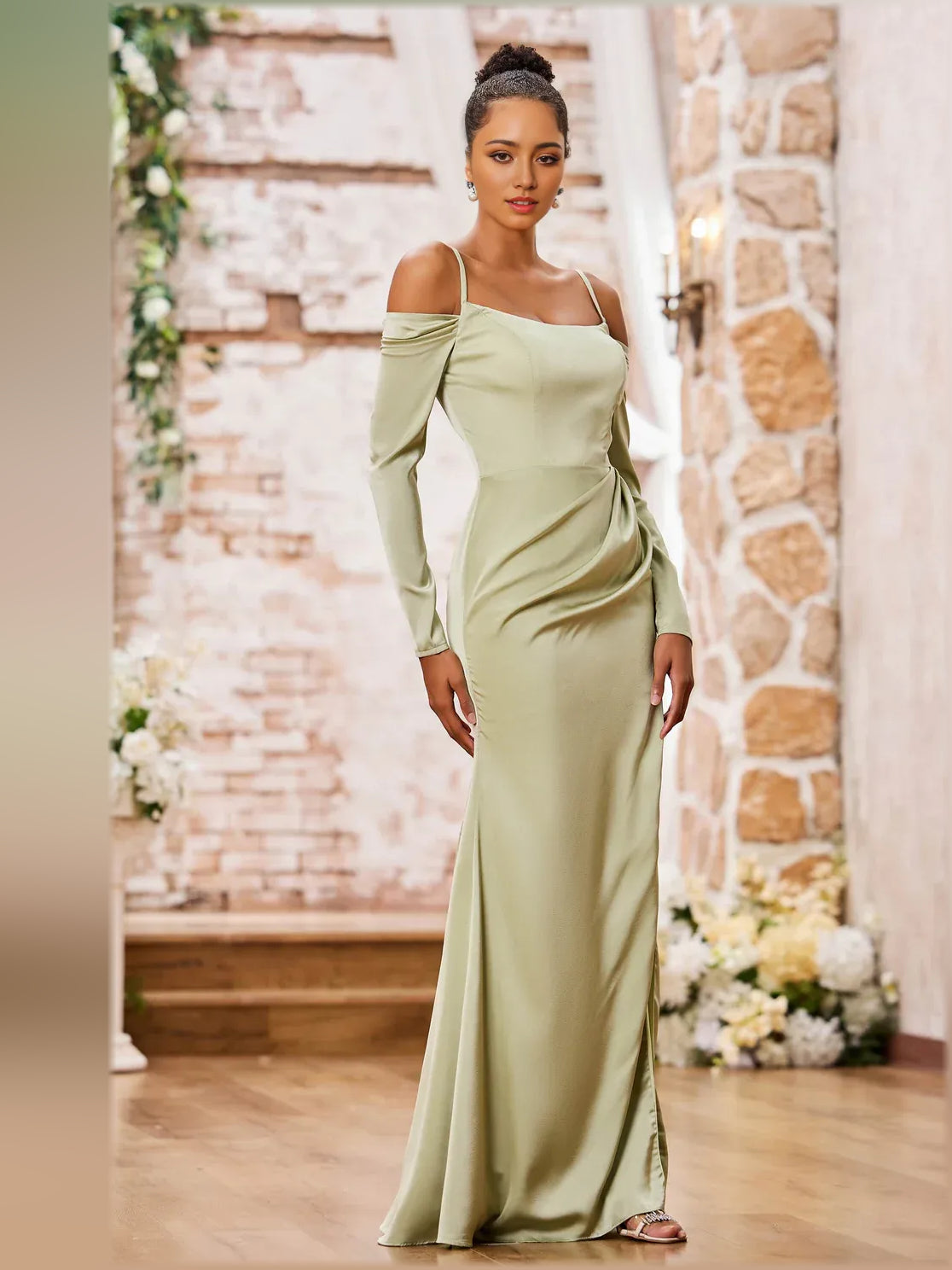 Sage Green mermaid floor-length formal dress with skirt slit, alternate view