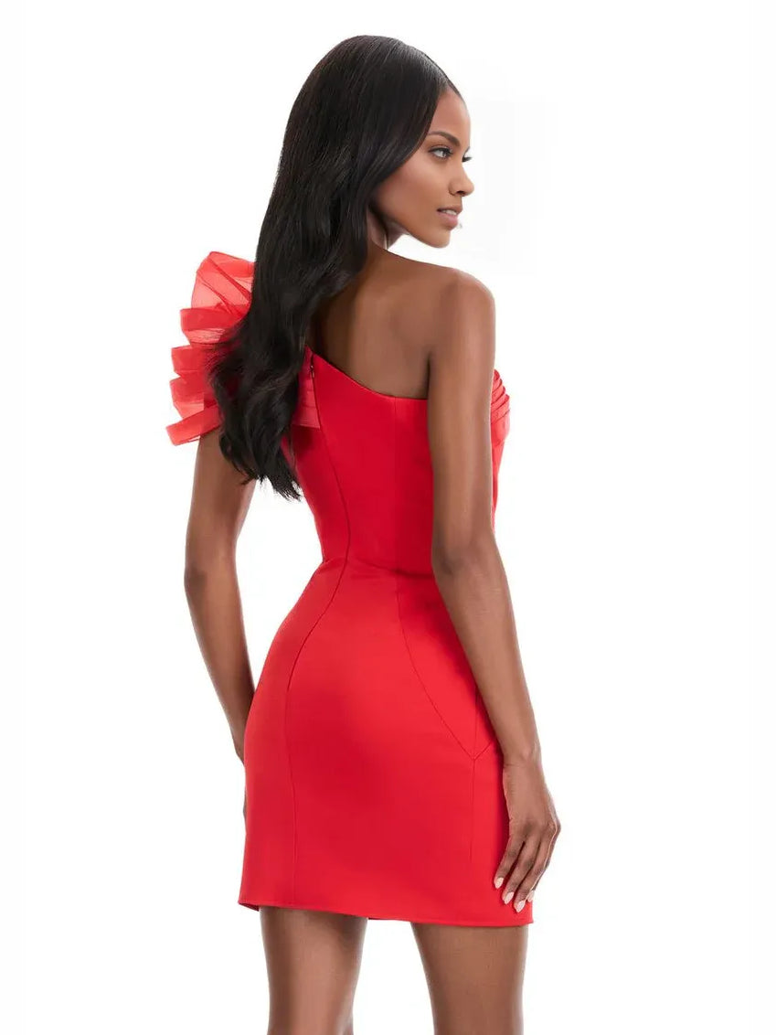 Red mini homecoming dress, back view showing the rear of the dress