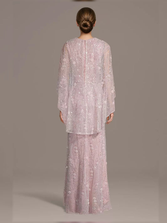 Pink floor-length mother of the bride dress, alternate view showing the bodice and skirt