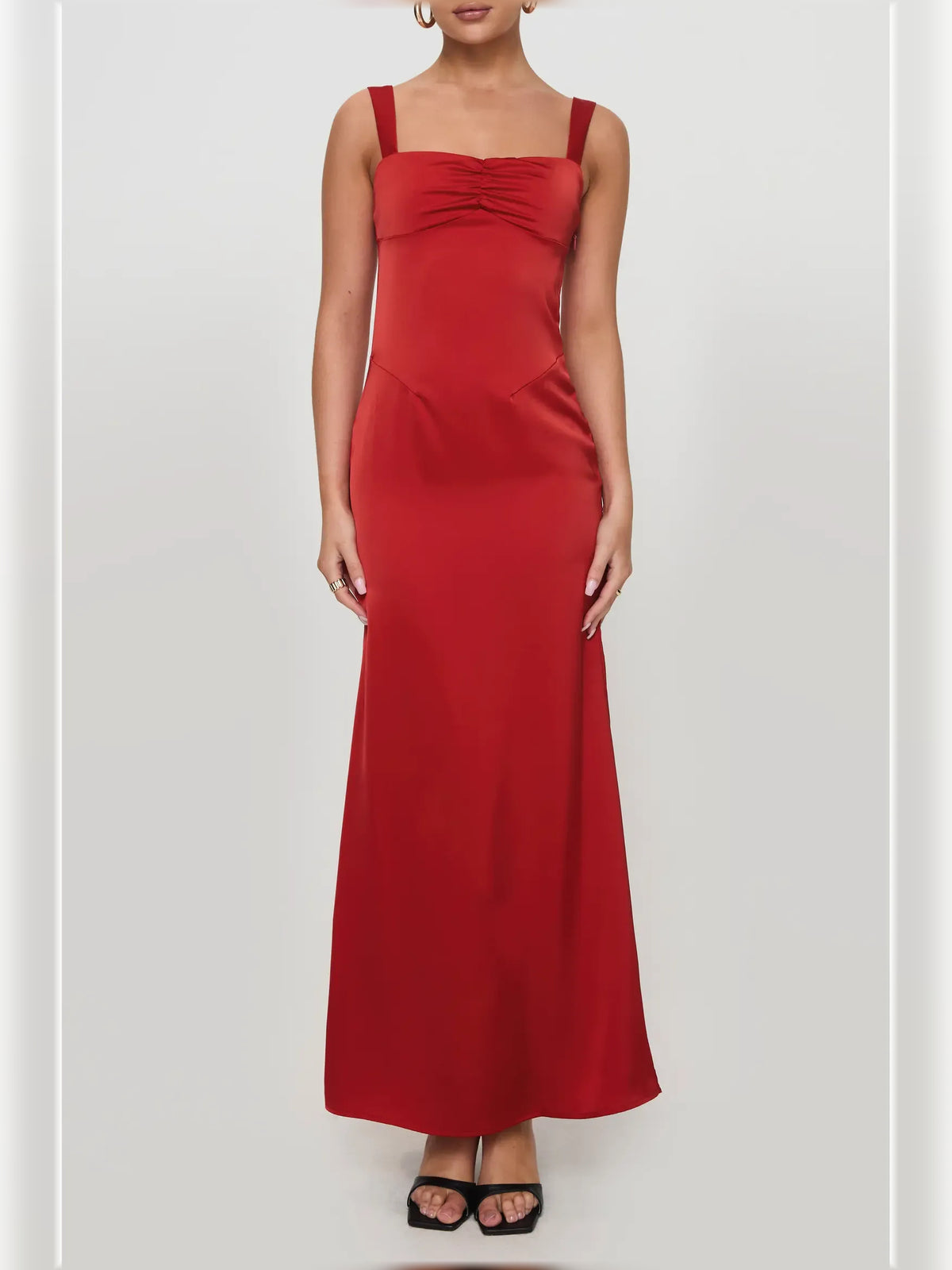 Red midi formal dress with draping, alternate view