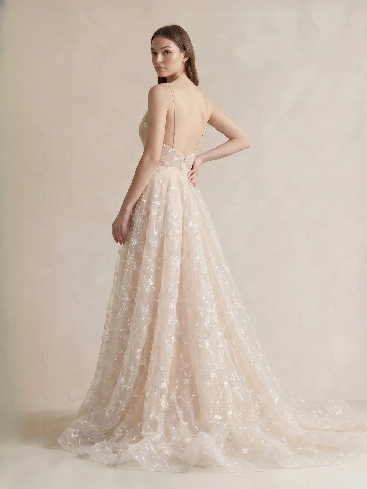 Champagne floor-length bridesmaid dress, alternate view showing the bodice and skirt