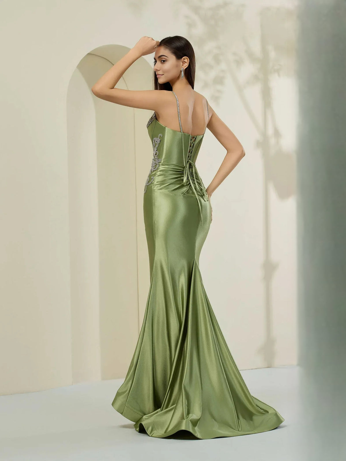 Dusty Sage mermaid floor-length formal dress with corset-style bodice, alternate view