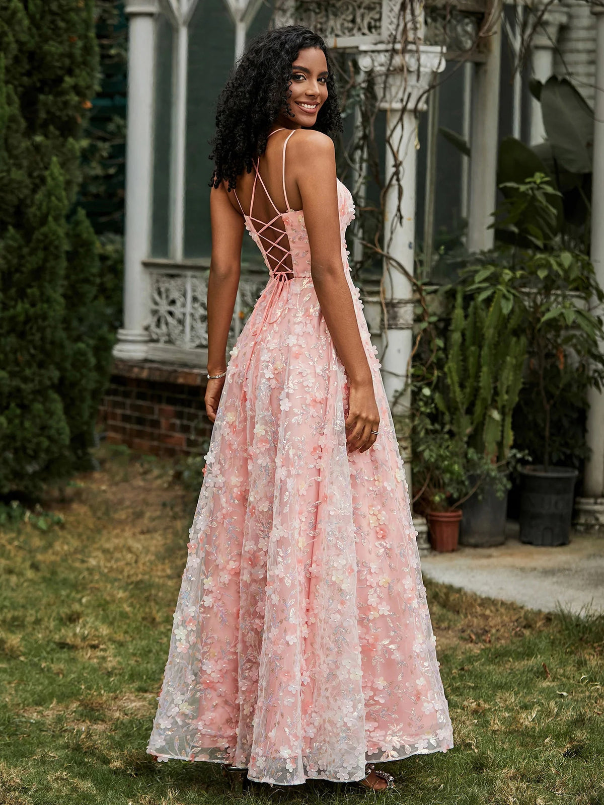 Floral floor-length prom dress, alternate view showing the bodice and skirt