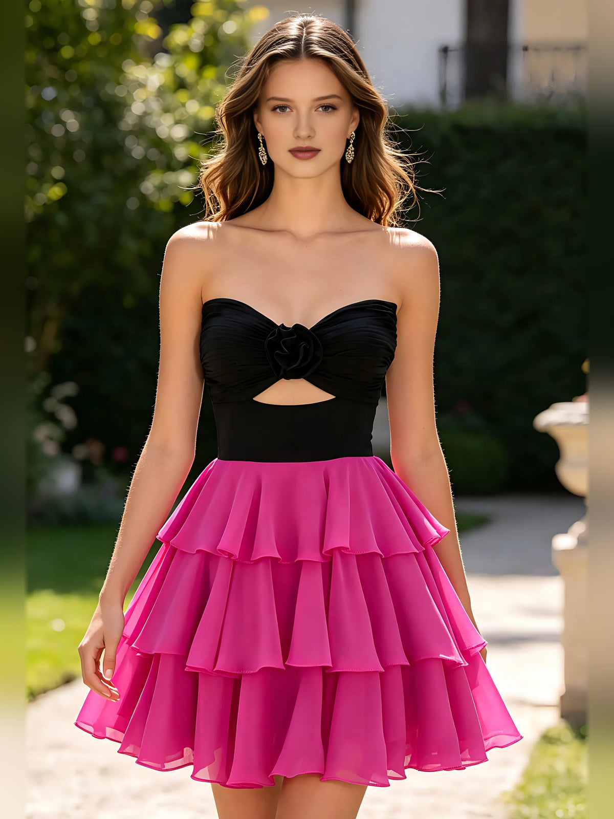 Black Fuchisa mini homecoming dress, back view showing the rear of the dress