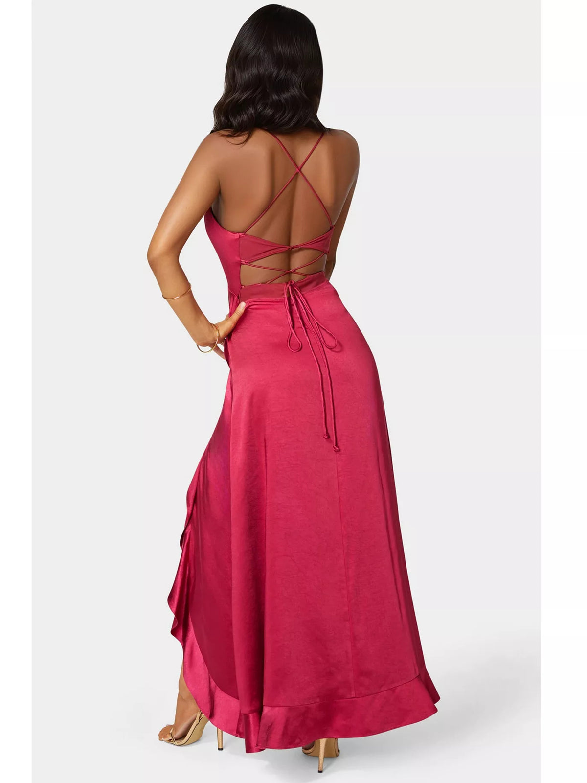 Raspberry a-line floor-length formal dress with ruffle details, alternate view