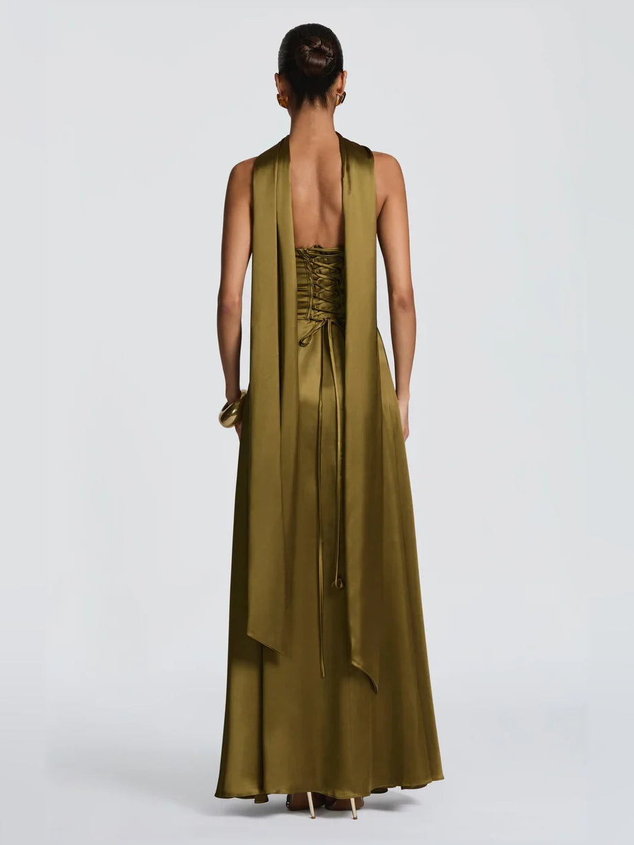 Olive Green a-line floor-length formal dress with corset-style bodice, alternate view