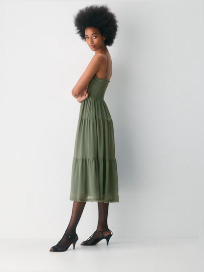 Gold midi formal dress with tiered skirt, alternate view