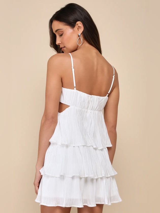 White mini homecoming dress, alternate view showing the bodice and skirt