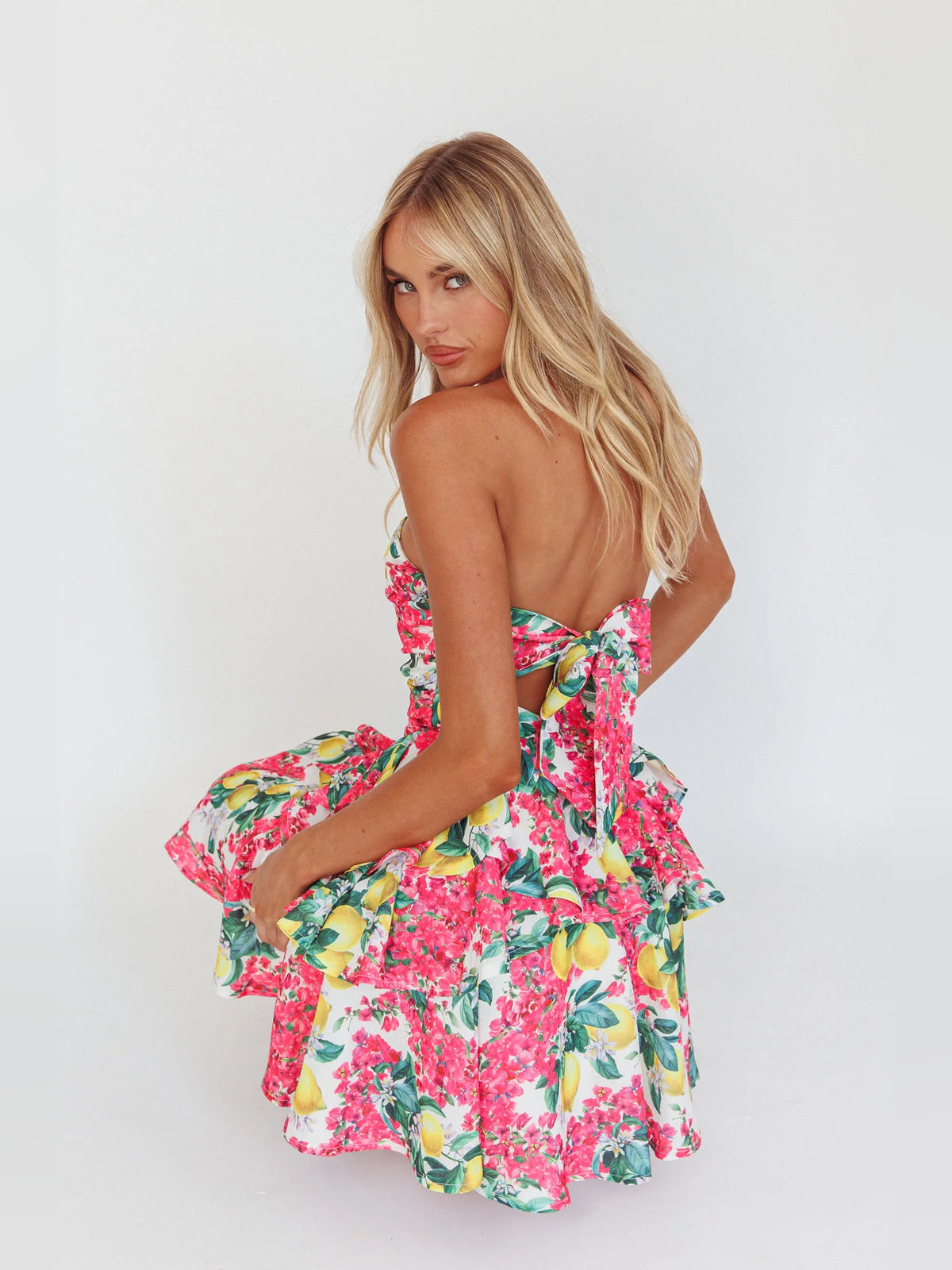 Pink mini homecoming dress, alternate view showing the bodice and skirt