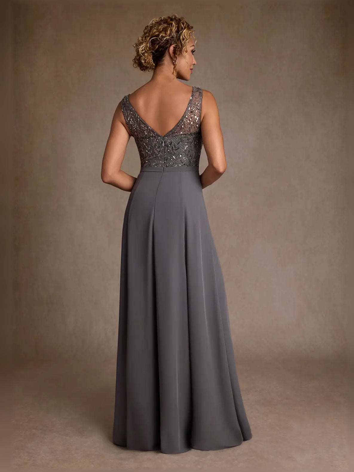 Grey floor-length mother of the bride dress, alternate view showing the bodice and skirt