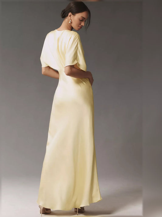 Pale Lemon maxi bridesmaid dress, alternate view showing the bodice and skirt