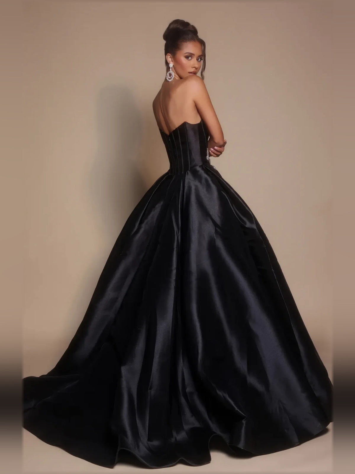 Black a-line floor-length formal dress with floral print, alternate view