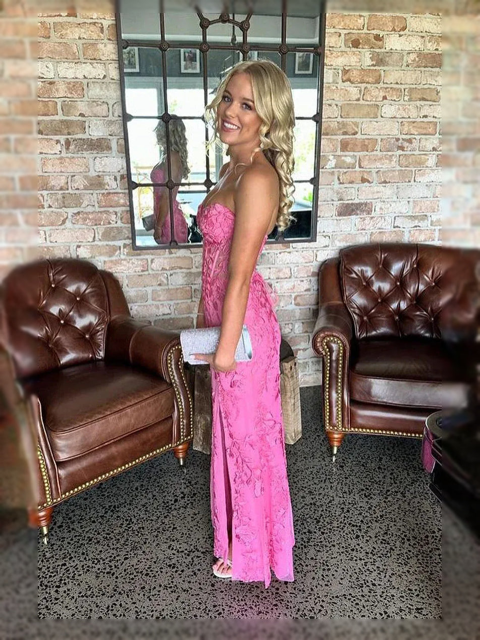 Hot Pink floor-length prom dress, alternate view showing the bodice and skirt
